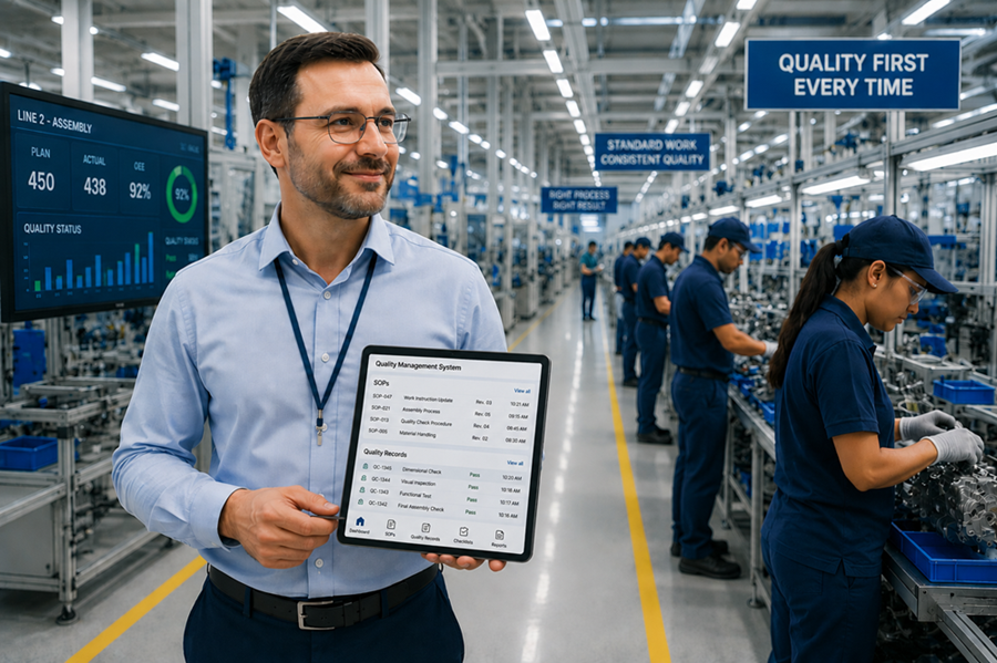 Quality manager using a centralized quality management system on a factory floor