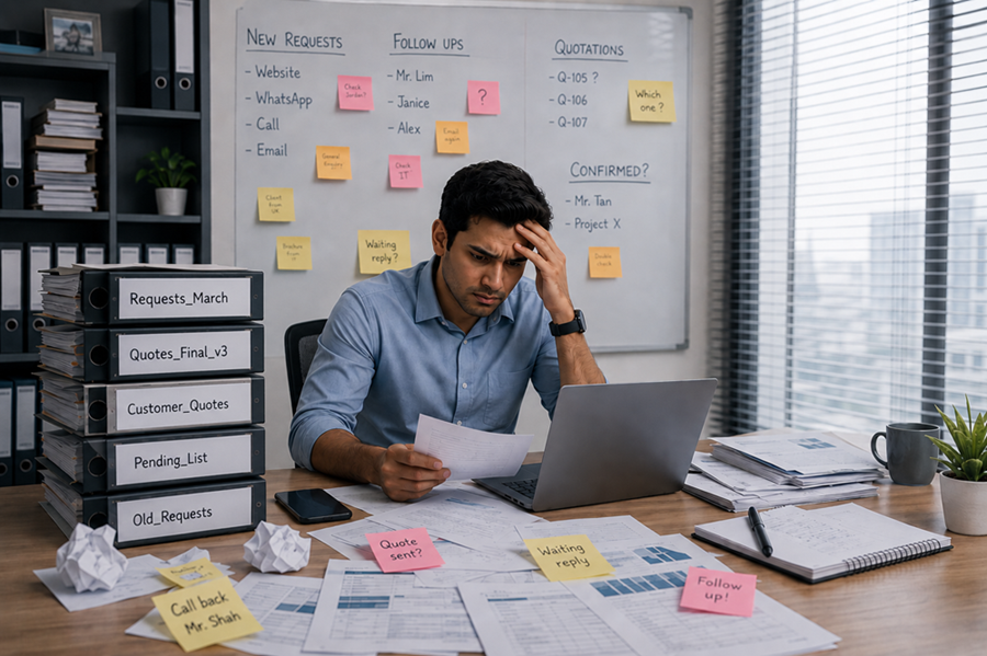 Customer enquiries, follow-ups, and quotations spread across notes, emails, and paperwork