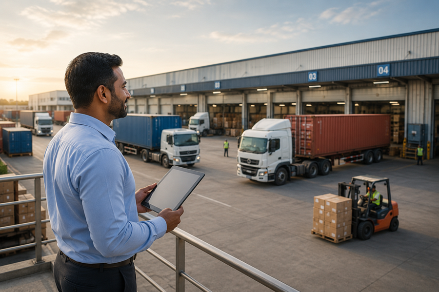Operations manager overseeing a busy logistics yard with trucks and containers